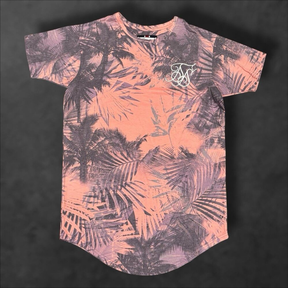 SikSilk XS Curved Hem T-Shirt Palm Leaf Graphic Tee Coral Black